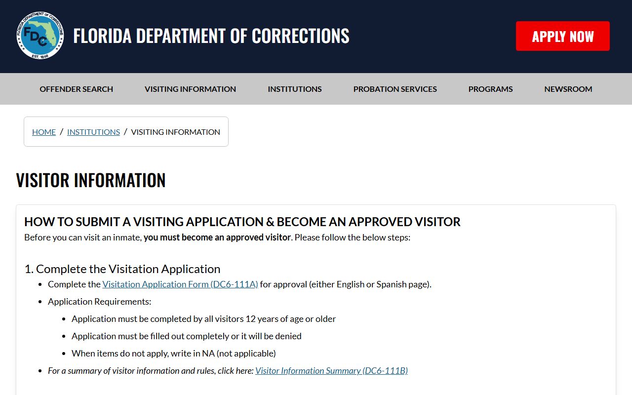 Florida Department of Corrections state prison visitation rules for Putnam Correctional Institution