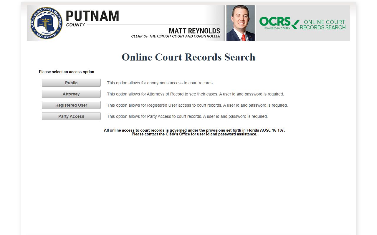 Putnam County online court records search access page after a jail arrest