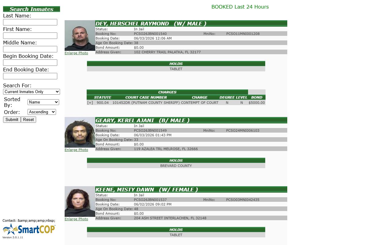 Putnam County SmartWEB jail roster inmate search page
